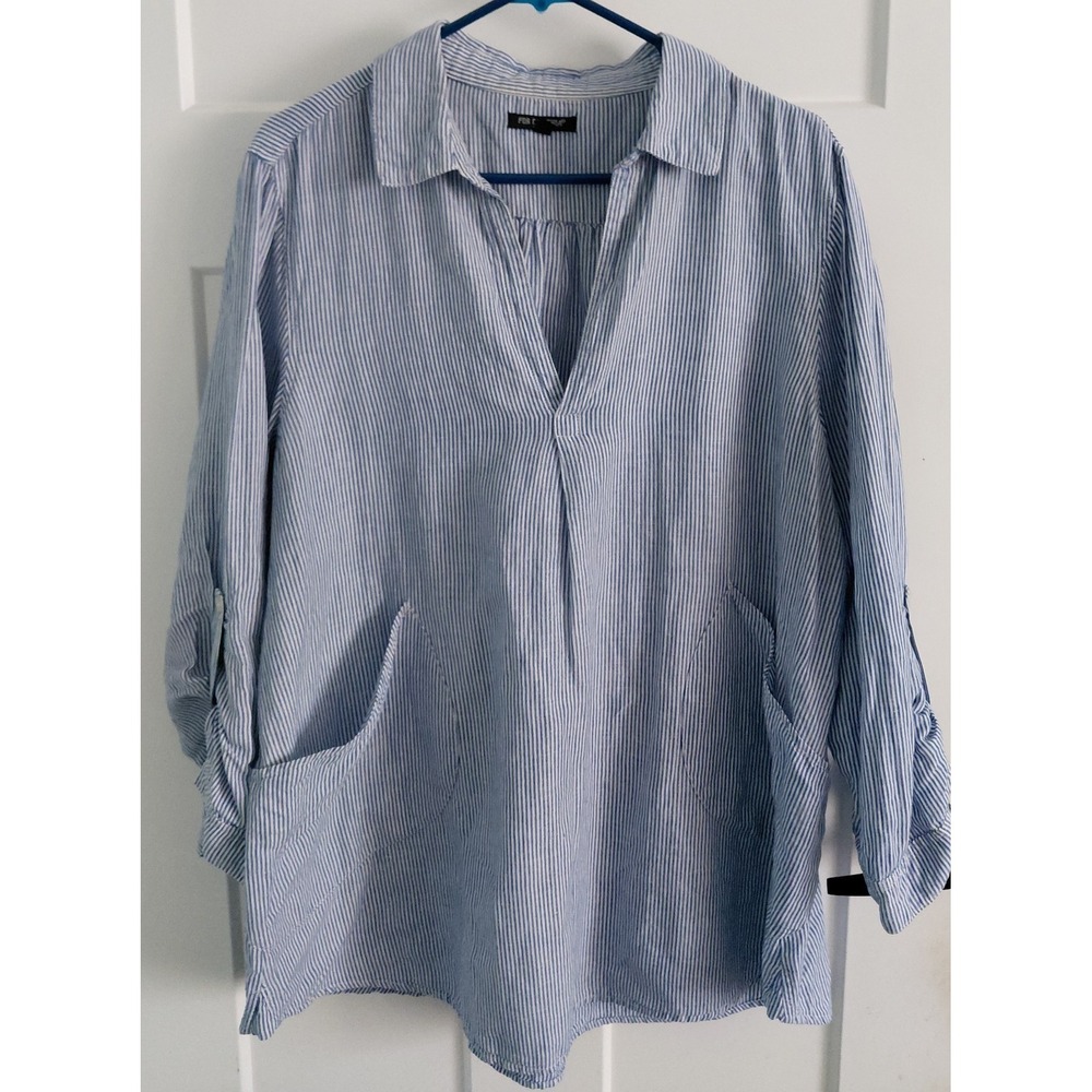 For Cynthia Women 2X Blue White Striped Cotton Roll Tab Tunic Blouse